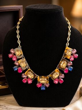 Talbots Gold Statement Necklace with Pink & Blue Crystal Accents